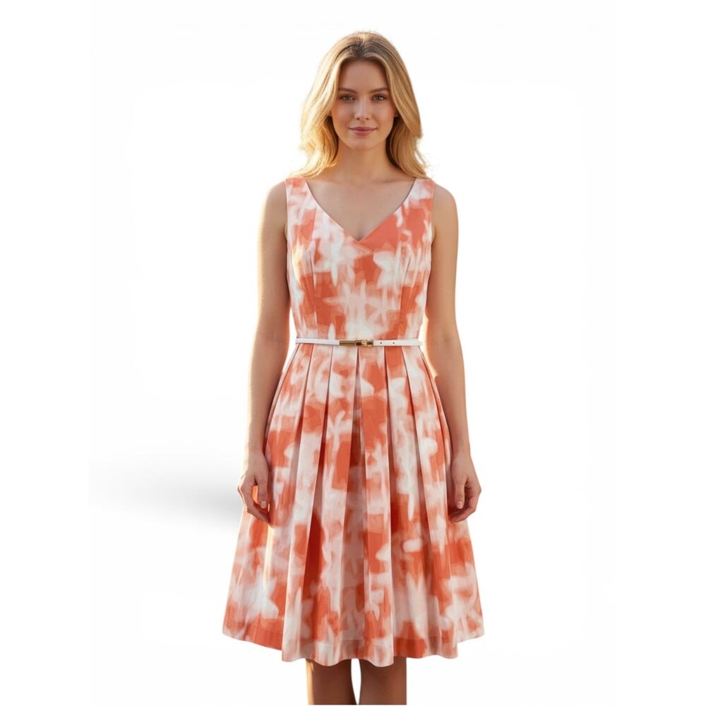 NWT Calvin Klein Size 10 Orange White Floral Pleated Belted Sleeveless Dress - Picture 8 of 9